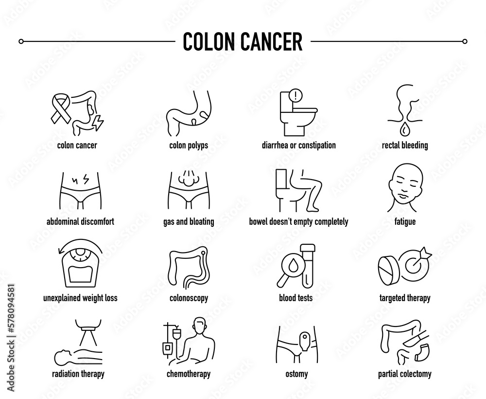 Colon Cancer symptoms, diagnostic and treatment vector icon set. Line editable medical icons. Colon Cancer symptoms, diagnostic and treatment vector icon set. Line editable medical icons.