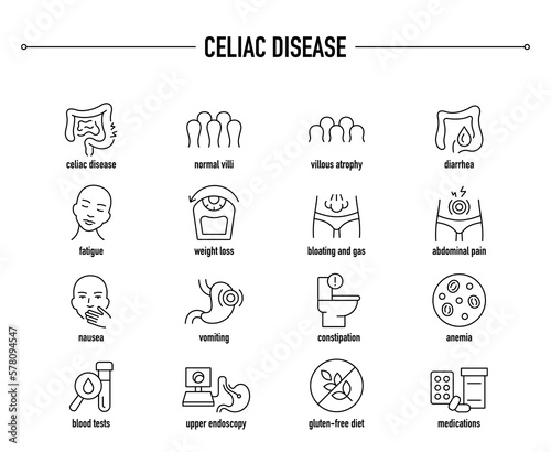 Celiac Disease symptoms, diagnostic and treatment vector icon set. Line editable medical icons.