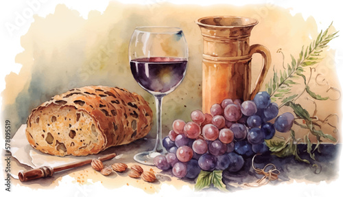 Obraz na płótnie Watercolor drawing centered on bread and a glass of wine