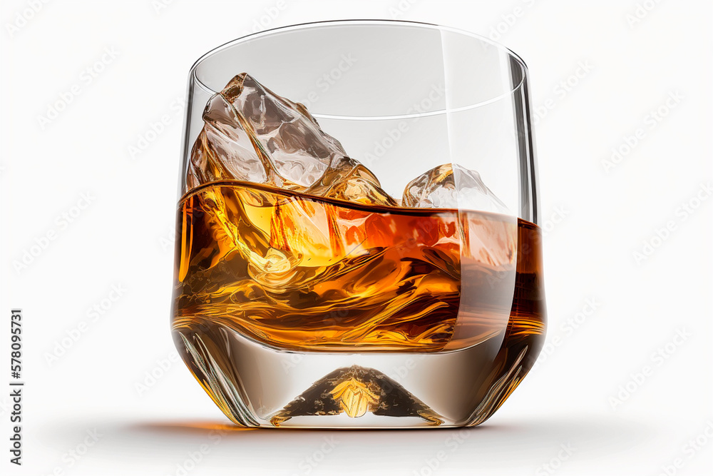 Sipping on Whiskey: A Glass of Whiskey and Ice on White isolated Background