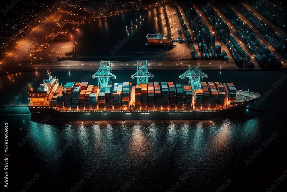 Efficient Loading and Unloading of Container Ships in a Busy Deep Sea Port - obrazy, fototapety, plakaty 