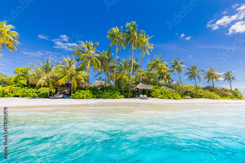 Closeup sea sand palm trees beach. Panoramic island landscape. Inspire tropical coast sea bay horizon. Sunny blue sky  calm tranquil relax summer vacation travel holiday background. Freedom nature