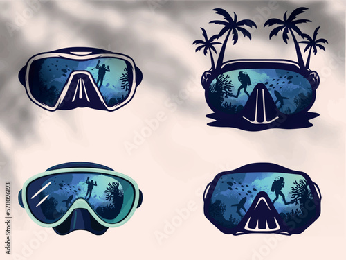Set of diving mask with scuba diver and underwater landscape on reflection.