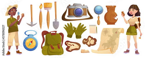 Archaeologists exploring artifacts with excavation tools. Cartoon paleontology scientists studying dinosaurs fossil skeletons bones and ancient vase. Characters searching archeology elements.