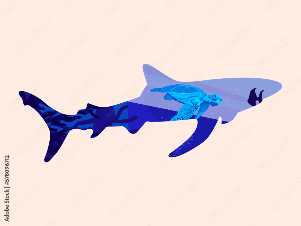 Fototapeta premium Seascape inside silhouette animal, underwater scape sea Shark vector illustration.