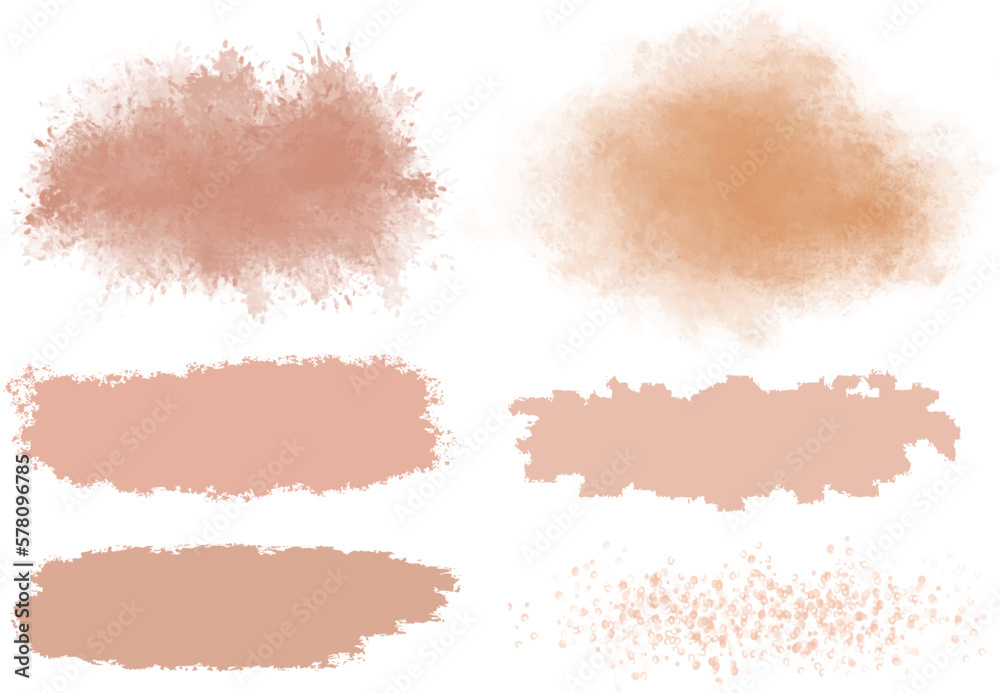 Different grunge peach, ink paint brush strokes vector set. Artistic design elements, grungy background vector illustration