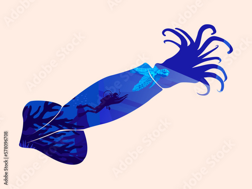 Seascape inside silhouette animal, underwater scape sea cuttlefish squid vector illustration.