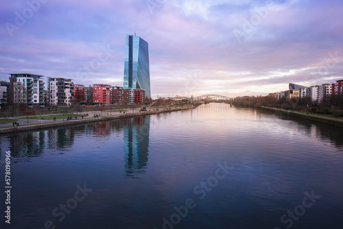 Main River skyline at sunset with ECB Tower  European Central Bank  - Frankfurt  Germany