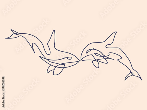 Continuous one line art minimal design whale, dolphin
