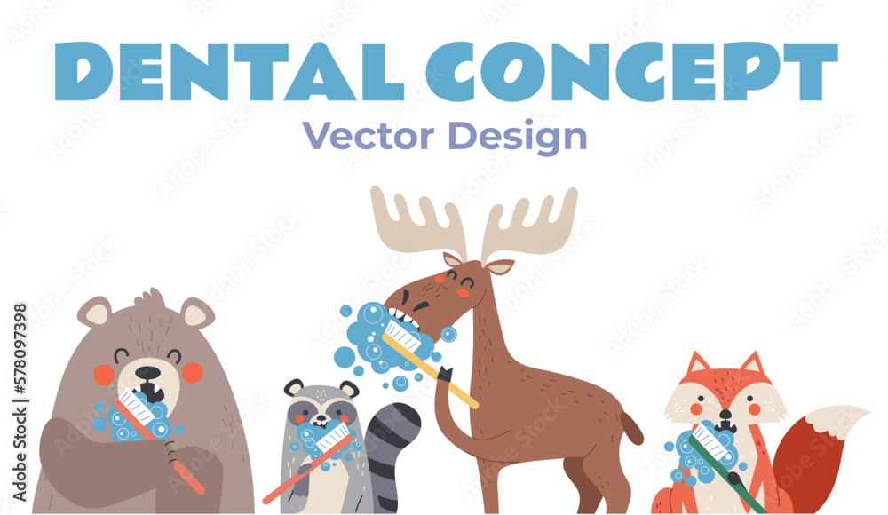 Animal wash clean teeth cute isolated characters. Dental toothbrush healthy concept. Vector graphic design illustration