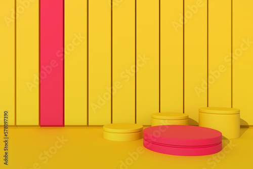 Abstract 3D render of pink cylinder pedestal podium with three yellow cylinder pedestal podiums around.  Minimal design stage with planks in the backdrop. Baby color shade for product display