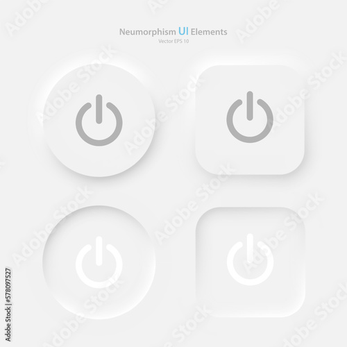 A set of round and square power buttons on a white background. User interface elements in the style of neumorphism, UX. Vector illustration.