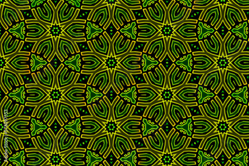 Modern tribal pattern, neon effect, floral design, geometric shapes, green and gold colors, illustration