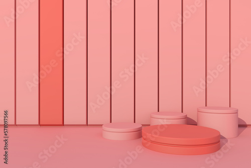 Abstract 3D render of pink cylinder pedestal podium with three baby pink cylinder pedestal podiums around.  Minimal design stage with planks in the backdrop. Baby color shade for product display
