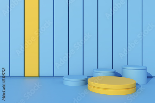Abstract 3D render of baby yellow cylinder pedestal podium with three baby blue pedestal podiums around.  Minimal design stage with planks in the backdrop. Baby color shade for product display