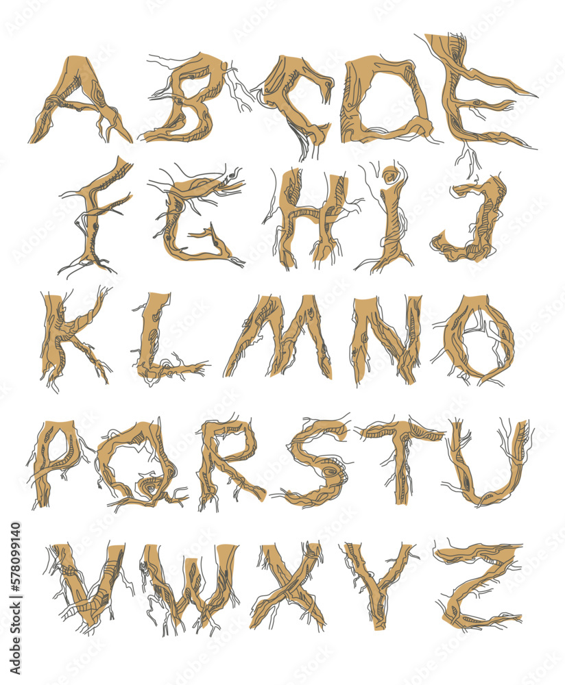 Set initial letters from A to Z. Decorative font from tree roots. Environmental design. Nature typography Set initial letters from A to Z. Decorative font from tree roots. Environmental design. Nature typography
