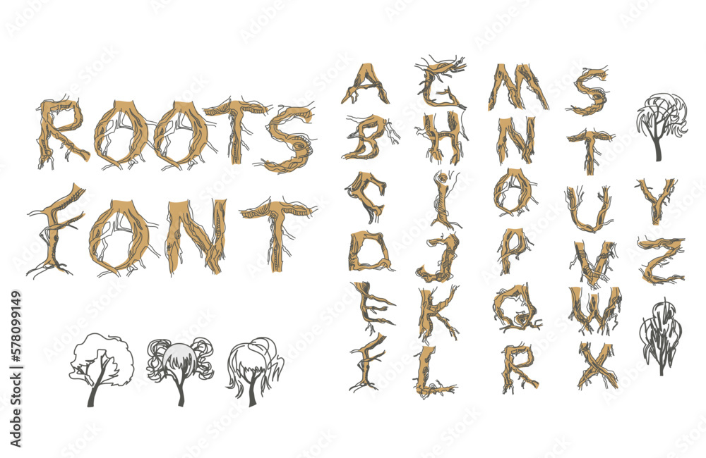 Set initial letters from A to Z. Decorative font from tree roots. Environmental design. Nature typography Set initial letters from A to Z. Decorative font from tree roots. Environmental design. Nature typography