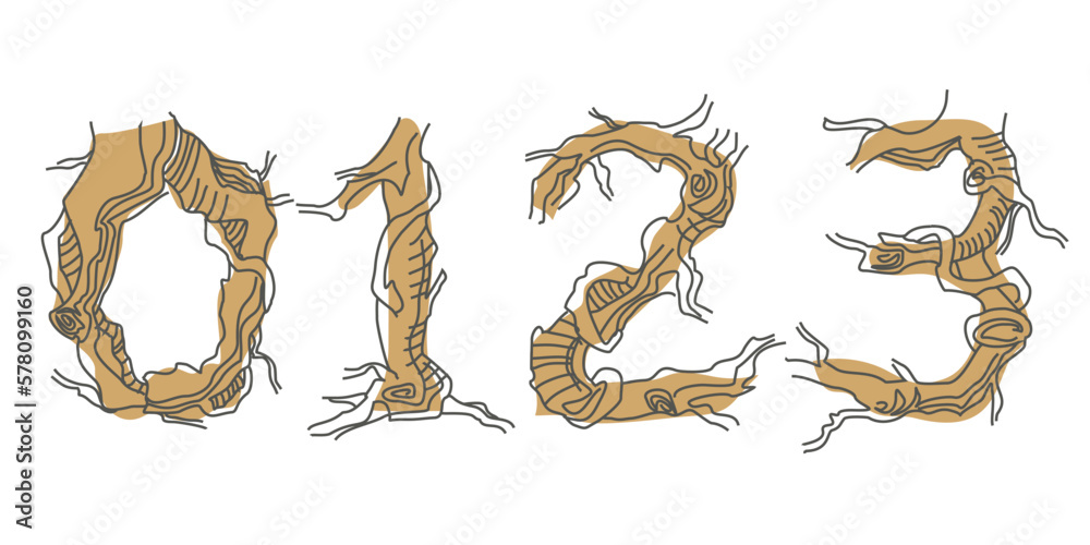 Set numbers 0, 1, 2, 3. Decorative font from tree roots. Environmental design. Nature typography Set numbers 0, 1, 2, 3. Decorative font from tree roots. Environmental design. Nature typography