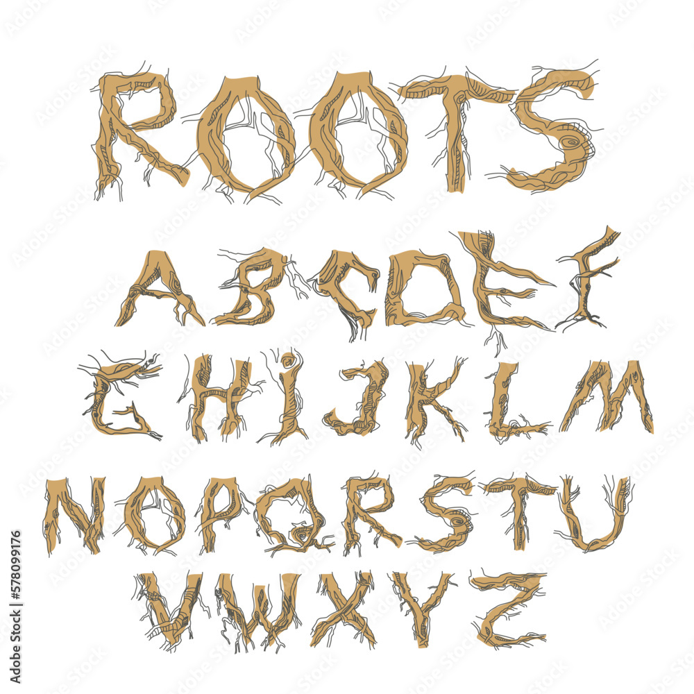 Set initial letters from A to Z. Decorative font from tree roots. Environmental design. Nature typography