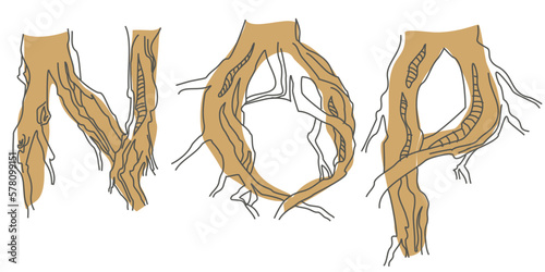 Set initial letters N, O, P. Decorative font from tree roots. Environmental design. Nature typography