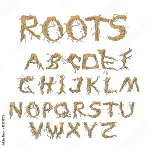 Set initial letters from A to Z. Decorative font from tree roots. Environmental design. Nature typography