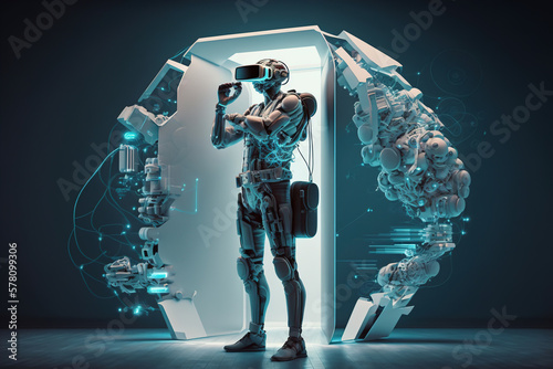 Enter the Metaverse: Futuristic Man in Exoskeleton Suit Uses VR Headset for Immersive Cyber Experience, Industrial TechSci-Fi concept