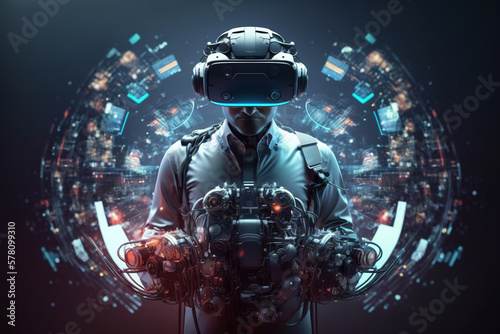 Enter the Metaverse  Futuristic Man in Exoskeleton Suit Uses VR Headset for Immersive Cyber Experience  Industrial TechSci-Fi concept