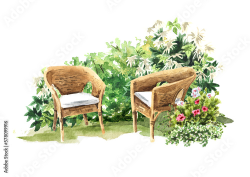 Relax zone in a cozy blooming garden. Wicker chairs . Hand drawn watercolor illustration, isolated on white background