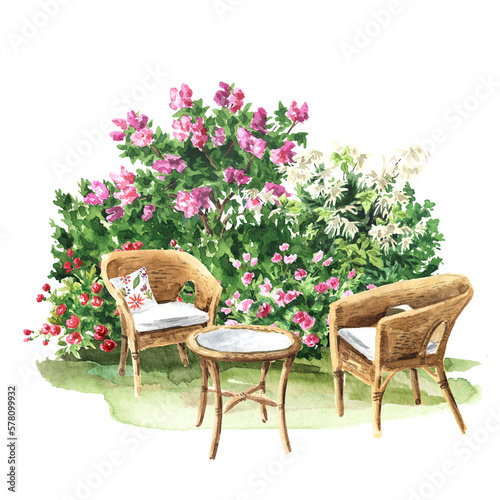 Relax zone in a cozy blooming garden. Wicker furniture chairs and a table. Hand drawn watercolor illustration, isolated  on white background