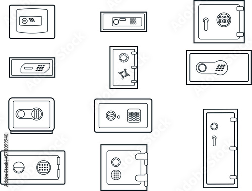 Collection of safes of different parameters. Vector linear illustration set of closed safes. Safes for security with combination locks