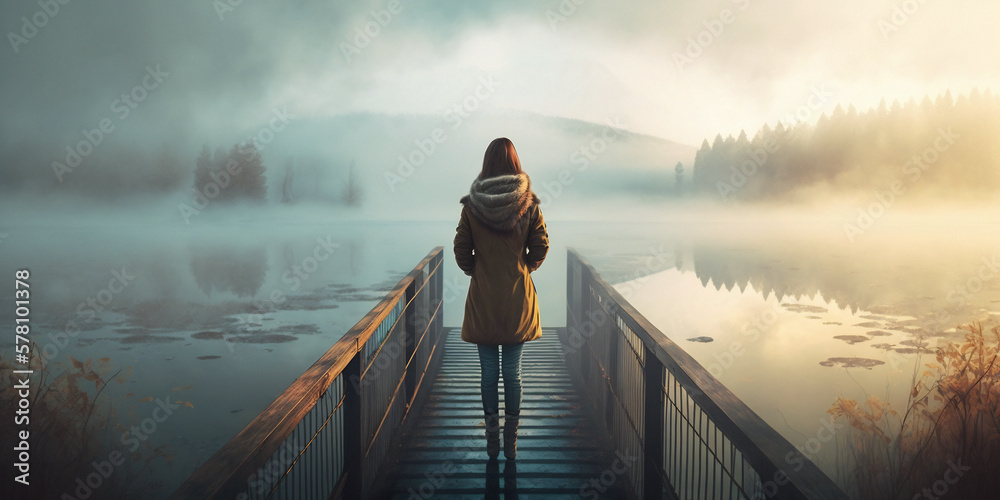 Young woman standing alone on edge of footbridge and staring at lake. Mist over water. Foggy air. Generative ai - obrazy, fototapety, plakaty 
