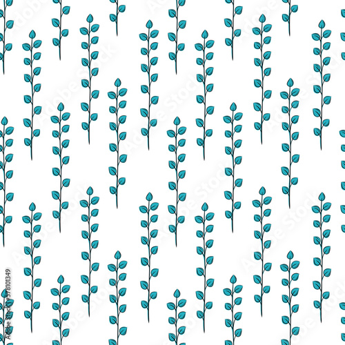 Seamless vector pattern with twigs of plants in hand-draw style, thin twigs with leaves © Vasia_illi