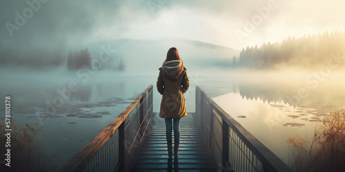 Young woman standing alone on edge of footbridge and staring at lake. Mist over water. Foggy air. Generative ai