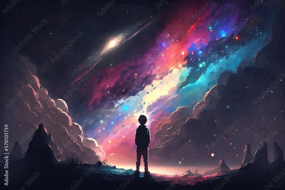 Fototapeta premium boy looking for a colorful galaxy in the sky. Generative Ai 