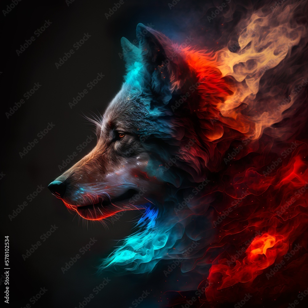 portrait of a wolf surreal fire
