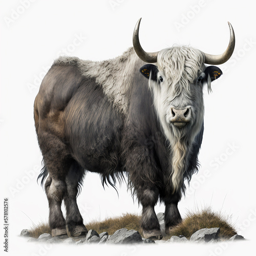 Tibetan yak isolated on white closeup, beautiful artiodactyl animal with big horns	 