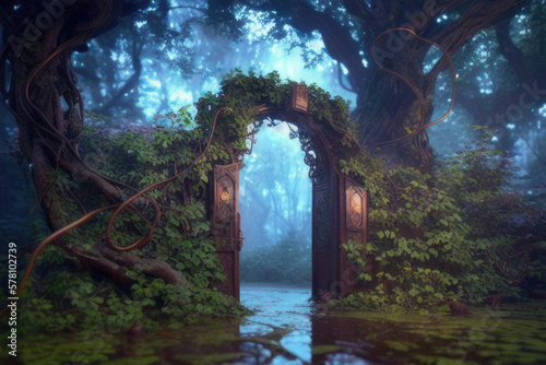 arch gate made out of trees in a fairy tail tropical magical forest with light and fog