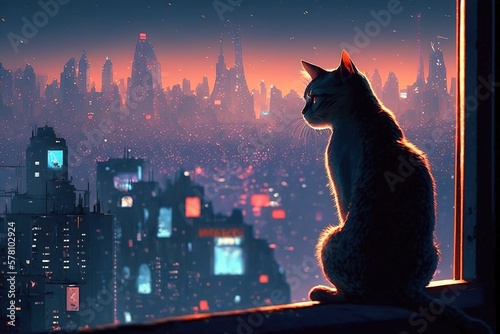 A cute cat sitting in front of a window and looking down at a futuristic neon city skyline, generative ai