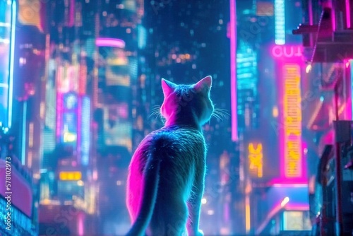 A cute kitten standing in a colorful and bright futuristic neon city, generative ai