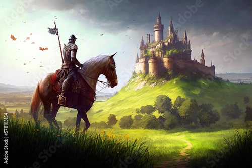 A medieval knight on horseback rides through a beautiful green field towards a castle atop a mountain peak during a stunning sunset, generative ai