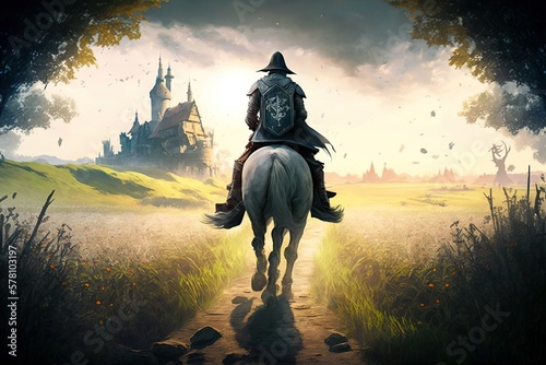 A knight on horseback rides towards a castle through a beautiful green field road at sunset, generative ai © Dieter Holstein