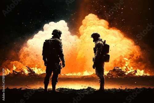 Two soldiers facing each other with a burning explosion in the background, generative ai © Dieter Holstein