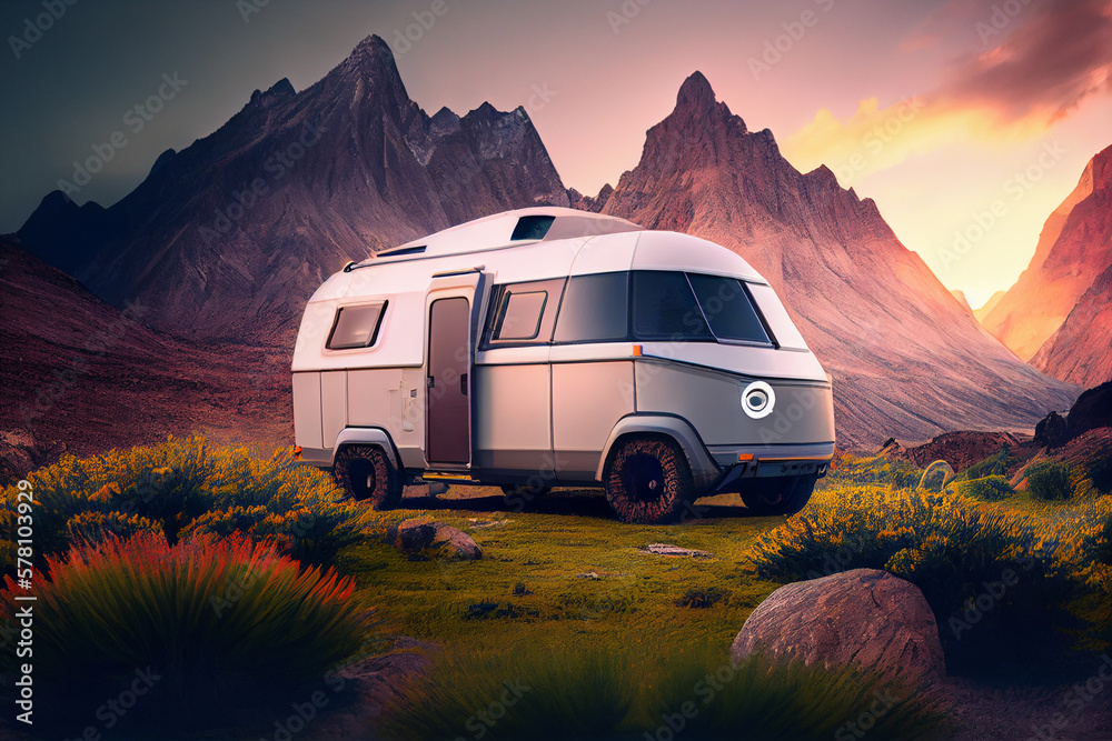 Futuristic electric camper van parked in mountains. Adventure concept. Generative AI