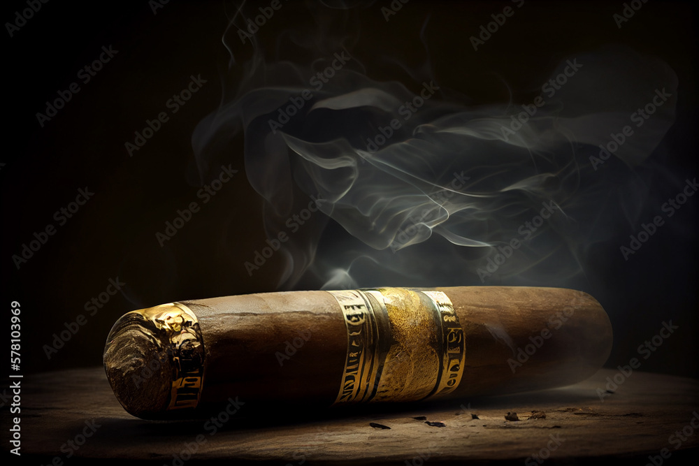 Cuban Cigar, close up view. Smoke and light. Generative Ai