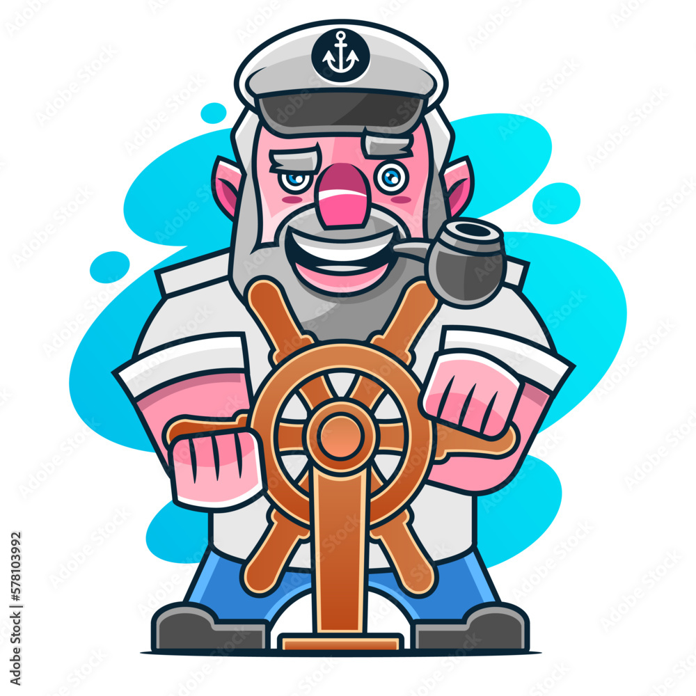 Bearded ship captain or skipper with a pipe and peaked cap for marine nautical logo sailor