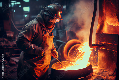 Men work at metallurgical furnace pouring smelted iron. Steel manufacturing plant. Generative Ai