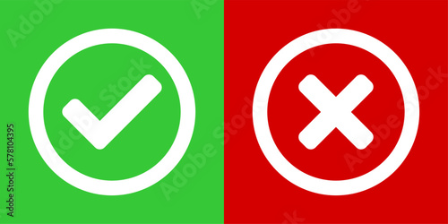 Yes and No or Right and Wrong or Approved and Declined Icons with Check Mark and X Signs in Green and Red Squares with Rounded Corners. Vector Image.