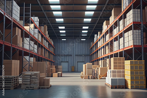 Warehouse or storehouse full of storage boxes. Generative AI © marcin jucha