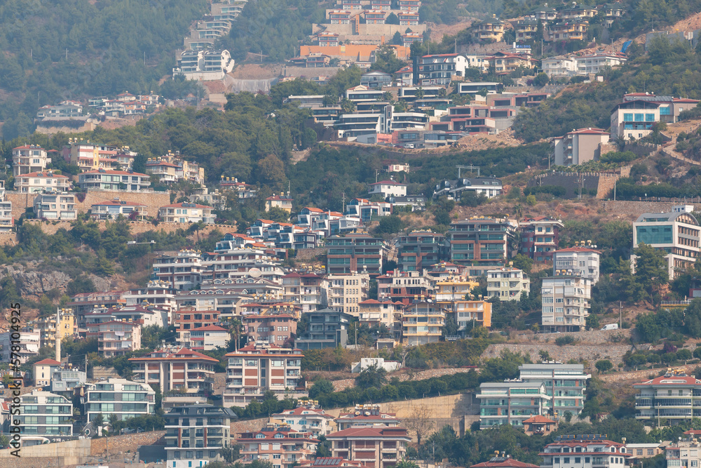 Panoramic view of the buildings on the hillside, Alanya