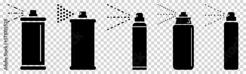Black spray can icons. Vector illustration isolated on transparent background